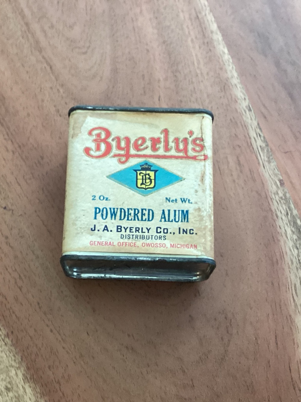 Vtg. 2oz. Tin of Byerly’s powdered Alum distributed by J.A. Byerly Co. Inc.